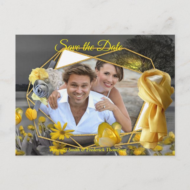 Carte Postale Faire-part Tulipes gris et jaunes, marguerites au coucher du  (Devant)