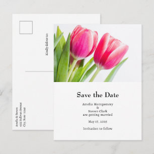 Carte Postale Faire-part Tulipes roses avec photo de mariage de feuilles ve