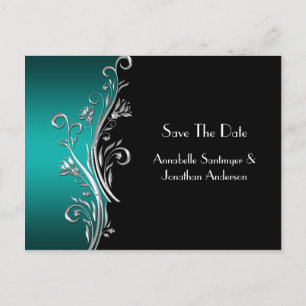 Carte Postale Faire-part Turquoise Black Silver Frotles Enregistrer La Date