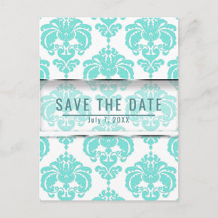 Carte Postale Faire-part Turquoise & blanc Damas Chic Wedding Enregistrer l