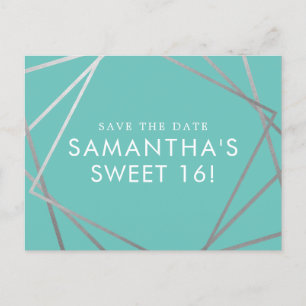 Carte Postale Faire-part Turquoise Bleu Argent moderne Sweet 16 Enregistrer