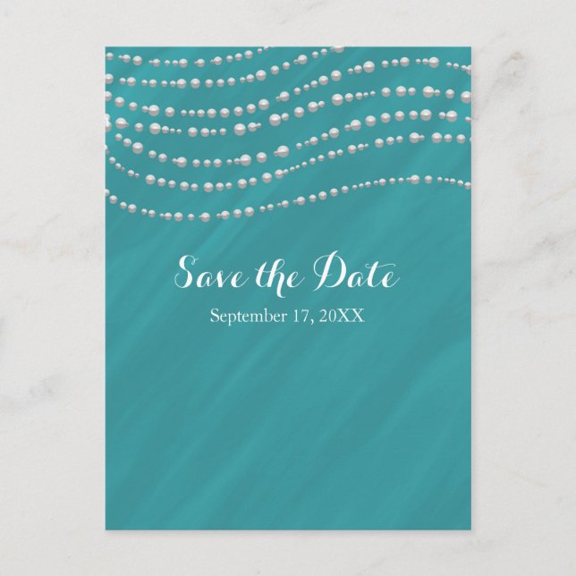 Carte Postale Faire-part Turquoise Bleu & Perles Élégant Save The Date (Devant)