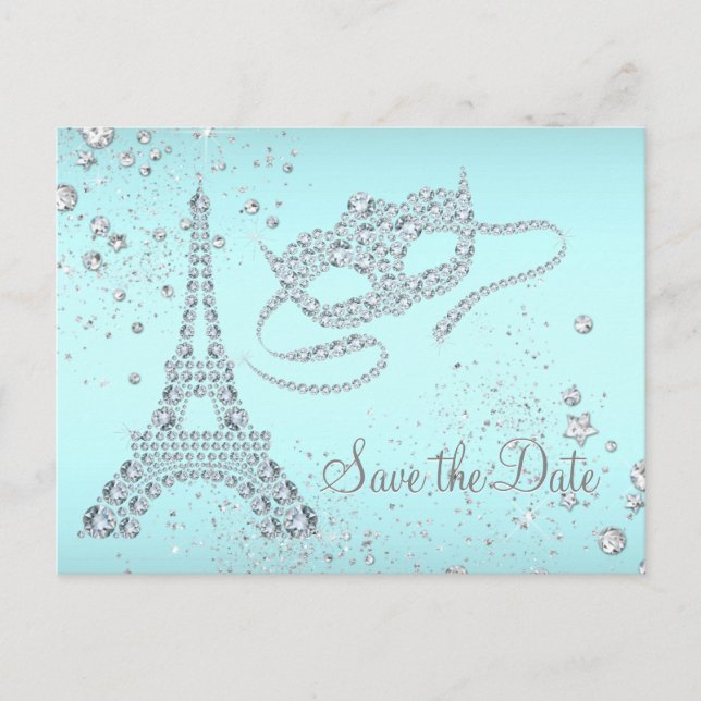 Carte Postale Faire-part Turquoise Blue Paris Masquerade Party Enregistrer  (Devant)