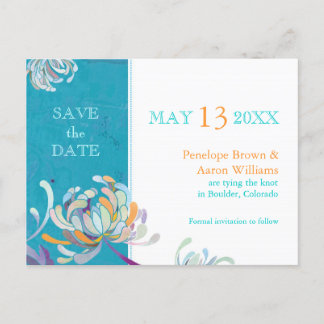 Carte Postale Faire-part Turquoise Fleurs Mariage Épargnez la Date
