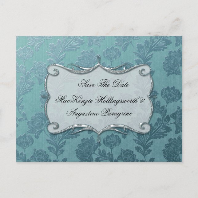 Carte Postale Faire-part Turquoise Floral Damask Enregistrer La Date (Devant)
