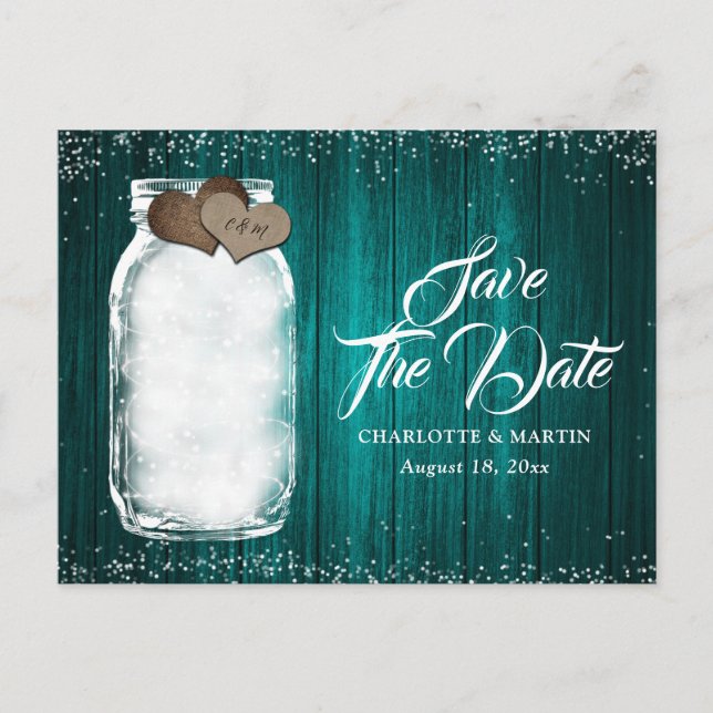 Carte Postale Faire-part Turquoise Mason Jar Mariage Rustique Bois Sauver L (Devant)