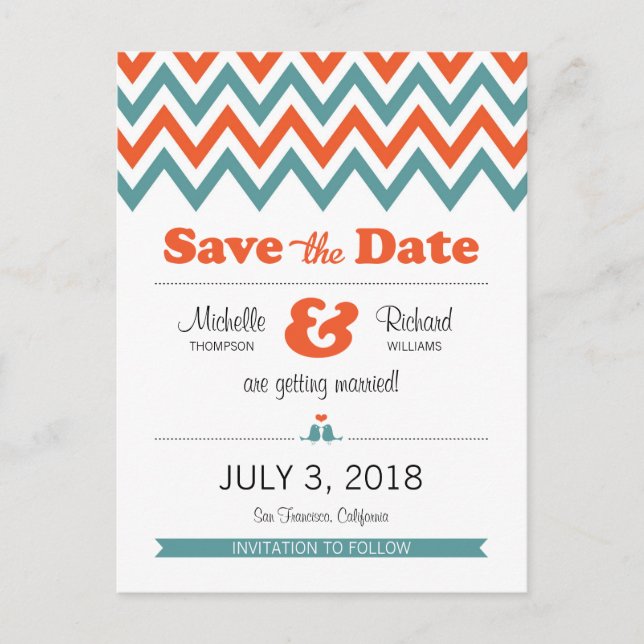 Carte Postale Faire-part Turquoise moderne & Orange Chevron & Lovebirds Mar (Devant)