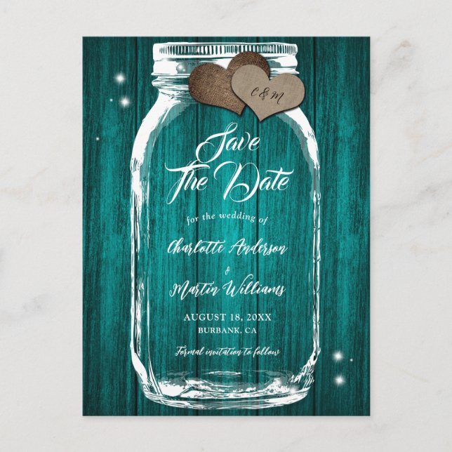 Carte Postale Faire-part Turquoise Rustique Mason Jar mariage en bois Enreg (Devant)