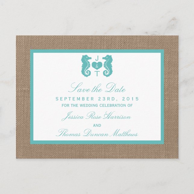 Carte Postale Faire-part Turquoise Seahorse Burlap Beach Wedding Collection (Devant)