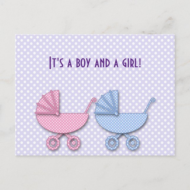 Carte Postale Faire-part twin boy & girl polka dot stroller - cadeaux (Devant)