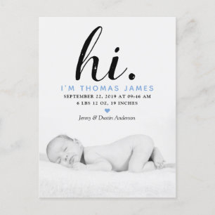 Carte Postale Faire-part Typographe moderne "Salut". Photo Birth Announceme
