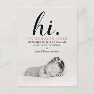 Carte Postale Faire-part Typographe moderne "Salut". Photo Birth Announceme