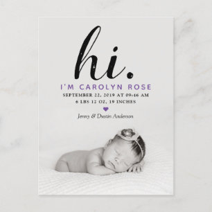 Carte Postale Faire-part Typographe moderne "Salut". Photo Birth Announceme