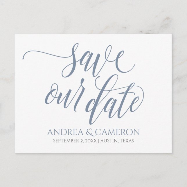 Carte Postale Faire-part Typographie de mariage Save-the-Date - Bleu Poussi (Devant)