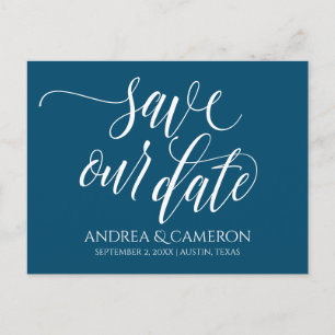 Carte Postale Faire-part Typographie mariage Sauvez la date - Bleu bleu mar
