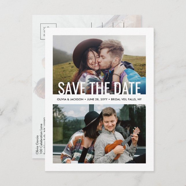 Carte Postale Faire-part Typographie Moderne 3 Photo Mariage Enregistrez la (Devant / Derrière)