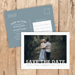 Carte Postale Faire-part Typographie moderne Représentation photo Enregistr<br><div class="desc">Mariage imprimé sur mesure abordable Enregistrer les cartes postales Date avec une facilité d'utilisation modèle et entièrement modifiable polices et couleurs. Ce design minimaliste cool présente une simple superposition photo avec des polices serif de dalles modernes. Personnalisez-le avec vos détails de mariage et votre photo de fiançailles avec des détails...</div>