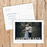 Carte Postale Faire-part Typographie moderne Représentation photo Enregistr<br><div class="desc">Mariage imprimé sur mesure abordable Enregistrer les cartes postales Date avec une facilité d'utilisation modèle et entièrement modifiable polices et couleurs. Ce design minimaliste cool présente une simple superposition photo avec des polices serif de dalles modernes. Personnalisez-le avec vos détails de mariage et votre photo de fiançailles avec des détails...</div>