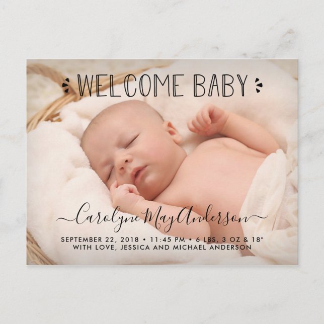 Carte Postale Faire-part Typographie tendance "Welcome Baby" Photo (Devant)