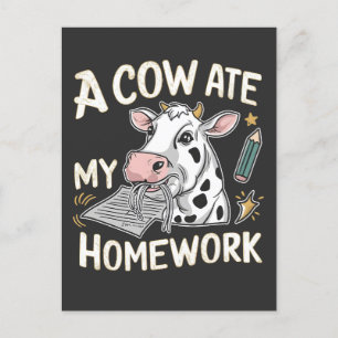 Carte Postale Faire-part Une vache a mangé mes devoirs drôle Retour à l'éco