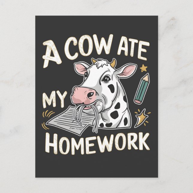 Carte Postale Faire-part Une vache a mangé mes devoirs drôle Retour à l'éco (Devant)