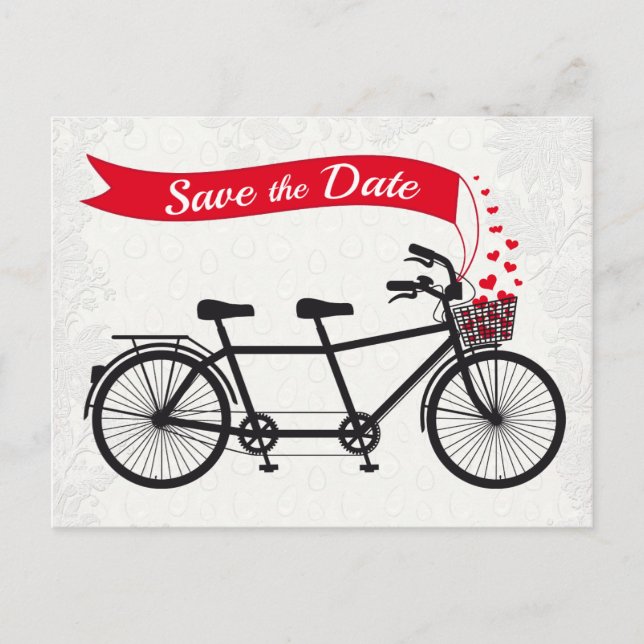 Carte Postale Faire-part Vélo en tandem Enregistrer la date des coeurs (Devant)