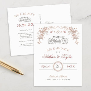 Carte Postale Faire-part Vélo Vintage Blush et Taupe Enregistrer la date