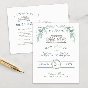 Carte Postale Faire-part Vélo Vintage Sage et Bleu Enregistrer la date