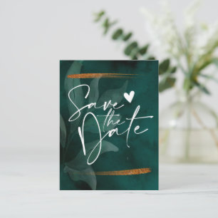 Carte Postale Faire-part vert émeraude moderne et feuilles Save the Date An