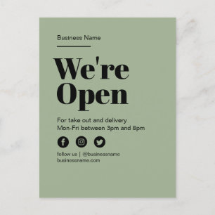 Carte Postale Faire-part Vert moderne Ouvert pour les entreprises Découvrir