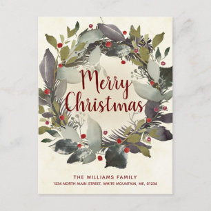 Carte Postale Faire-part Vintage Christmas Green Holly Berry Wreath Moving