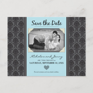 Carte Postale Faire-part Vintage Damask Photo Aqua Blue Enregistrer la date