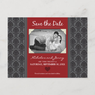 Carte Postale Faire-part Vintage Damask Photo Cranberry Enregistrer la date