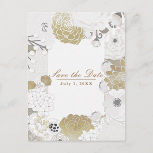 Carte Postale Faire-part Vintage Floral Botanical White Gold Enregistrer la