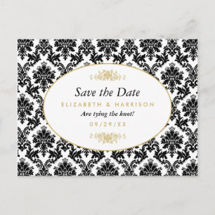 Carte Postale Faire-part Vintage Gold, Black & White Damask Enregistrer La