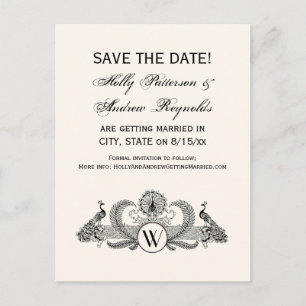 Carte Postale Faire-part Vintage Paons Monogramme Ivoire BG