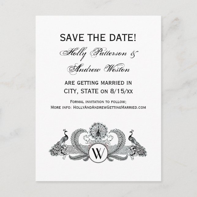 Carte Postale Faire-part Vintage Peacocks Monogramme (Devant)