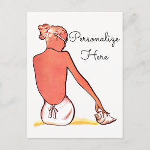 Carte Postale Faire-part Vintage plage fille seashell été élégant rétro