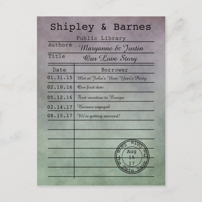 Carte Postale Faire-part Vintage Purple Green Library Card Enregistrer La D (Devant)