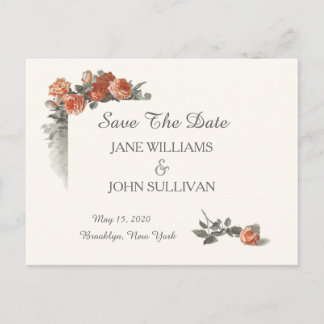 Carte Postale Faire-part Vintage Rouge Roses Mariage Enregistrer La Date