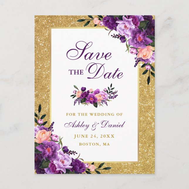 Carte Postale Faire-part Violet violet Floral Parties scintillant or Enregi (Devant)