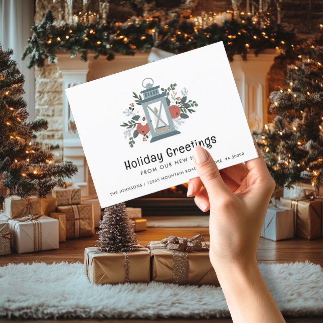 Carte Postale Faire-part Vœux de Noël Lanterne Nouvel Habitat (Christmas Lantern Holiday Greetings from Our New Home Moving Announcement Postcard)