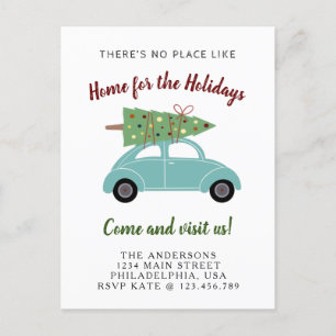 Carte Postale Faire-part Voiture Bleue Verte avec Arbre de Noël Fêtes en Dé