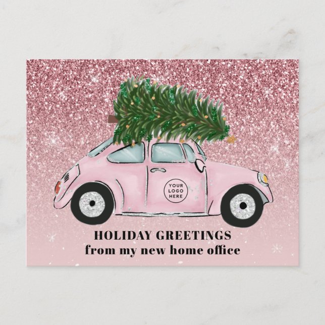 Carte Postale Faire-part Votre logo ici Voiture rose Arbre de Noël Déménage (Devant)
