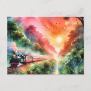Carte Postale Faire-part Voyage en train au coucher de soleil tropical aqua