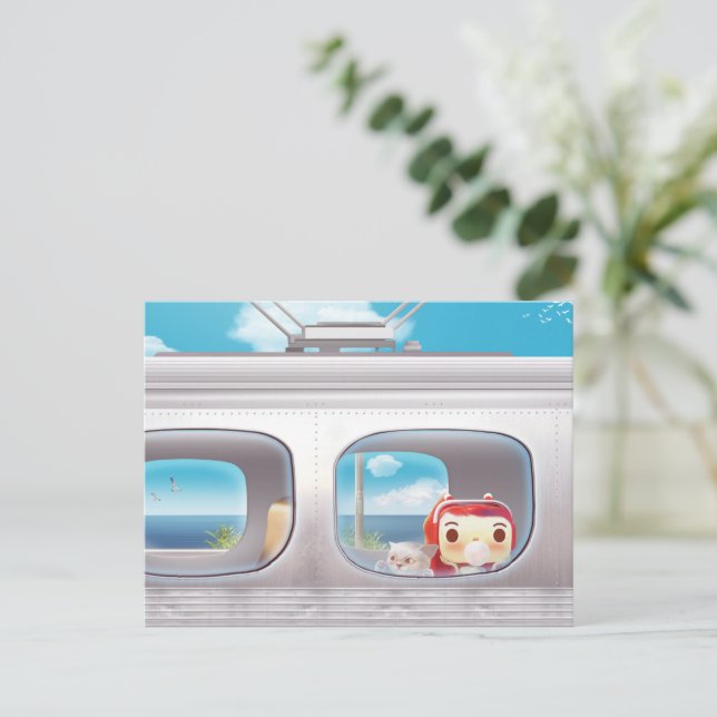 Carte Postale Faire-part Voyage en train avec chat (Debout devant)