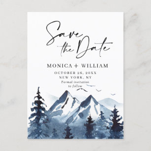 Carte Postale Faire-part Watercolor Mountains Forest Wedding Enregistrer la