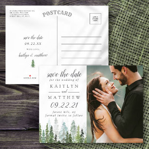 Carte Postale Faire-part Watercolor Pine Tree Forest Wedding Enregistrer La