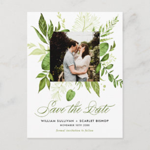 Carte Postale Faire-part Watercolor Wild Green Foliage Photo Enregistrer la