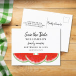Carte Postale Faire-part Watermelon Family Reunion Enregistrer La Date<br><div class="desc">Faites connaître à votre famille la date de leur Réunion de famille avec cet été, sauf la carte postale de la date. Il est doté d'une pastèque couleur rouge. Facilement personnalisable avec votre nom et vos détails. Parce que nous créons notre oeuvre, vous ne trouverez pas cette image exacte d'autres...</div>